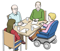 Zeichung: Eine Arbeitsgruppe verschiedener Menschen sitzt an einem Tisch.