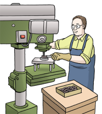 Zeichung: Ein Mann arbeitet an einer Maschine.
